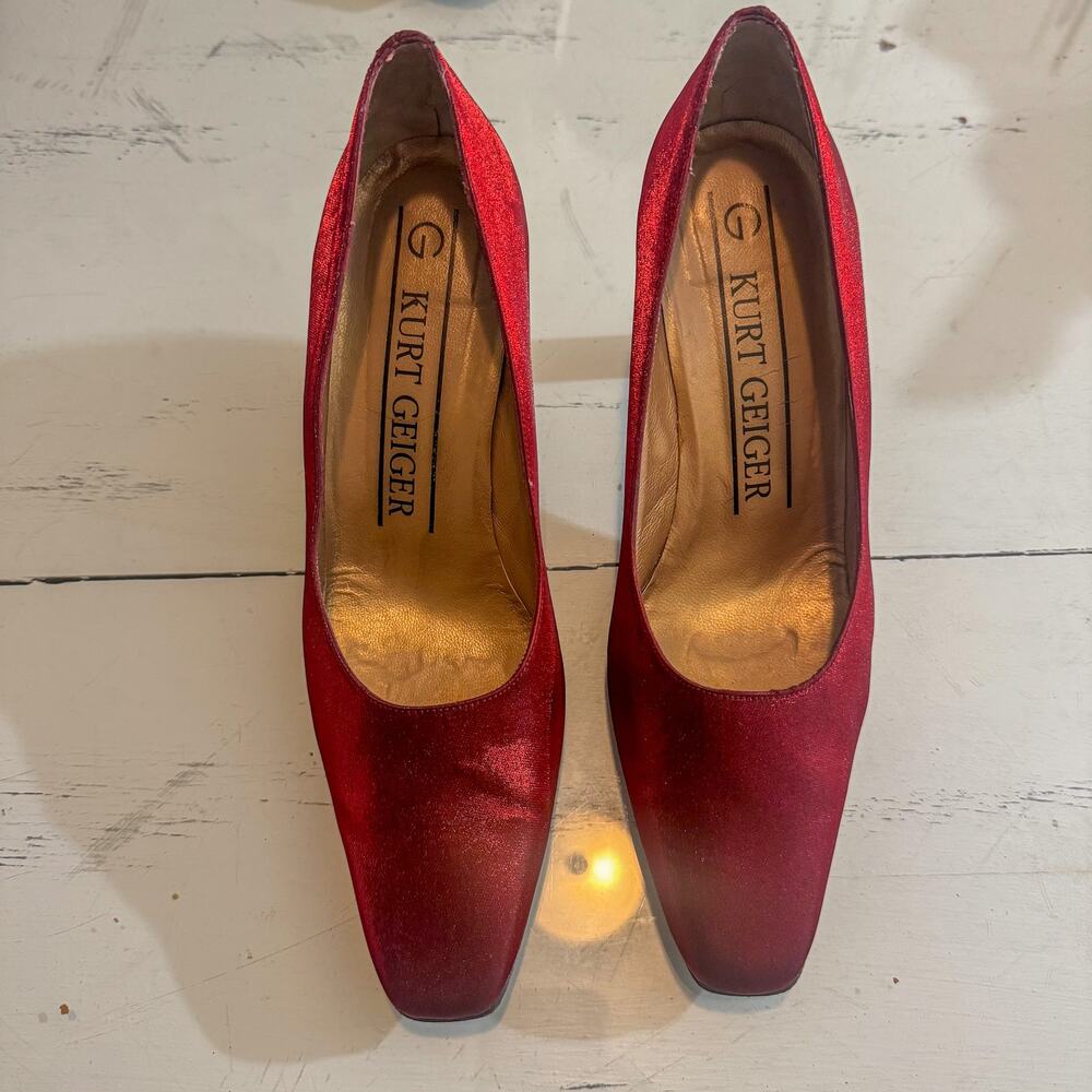 Kurt Geiger Red Shimmer Square Toe Block Heel Pumps Metallic Holiday Party 9.5